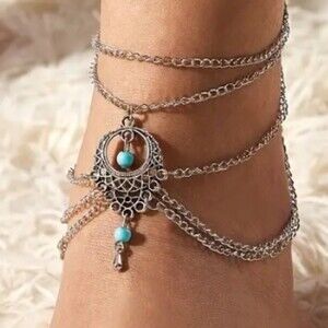 NEW BOHO VINTAGE STYLE SILVER/TURQUOISE BEADS SILVER CHAINS BEACH ANKLE BRACELET